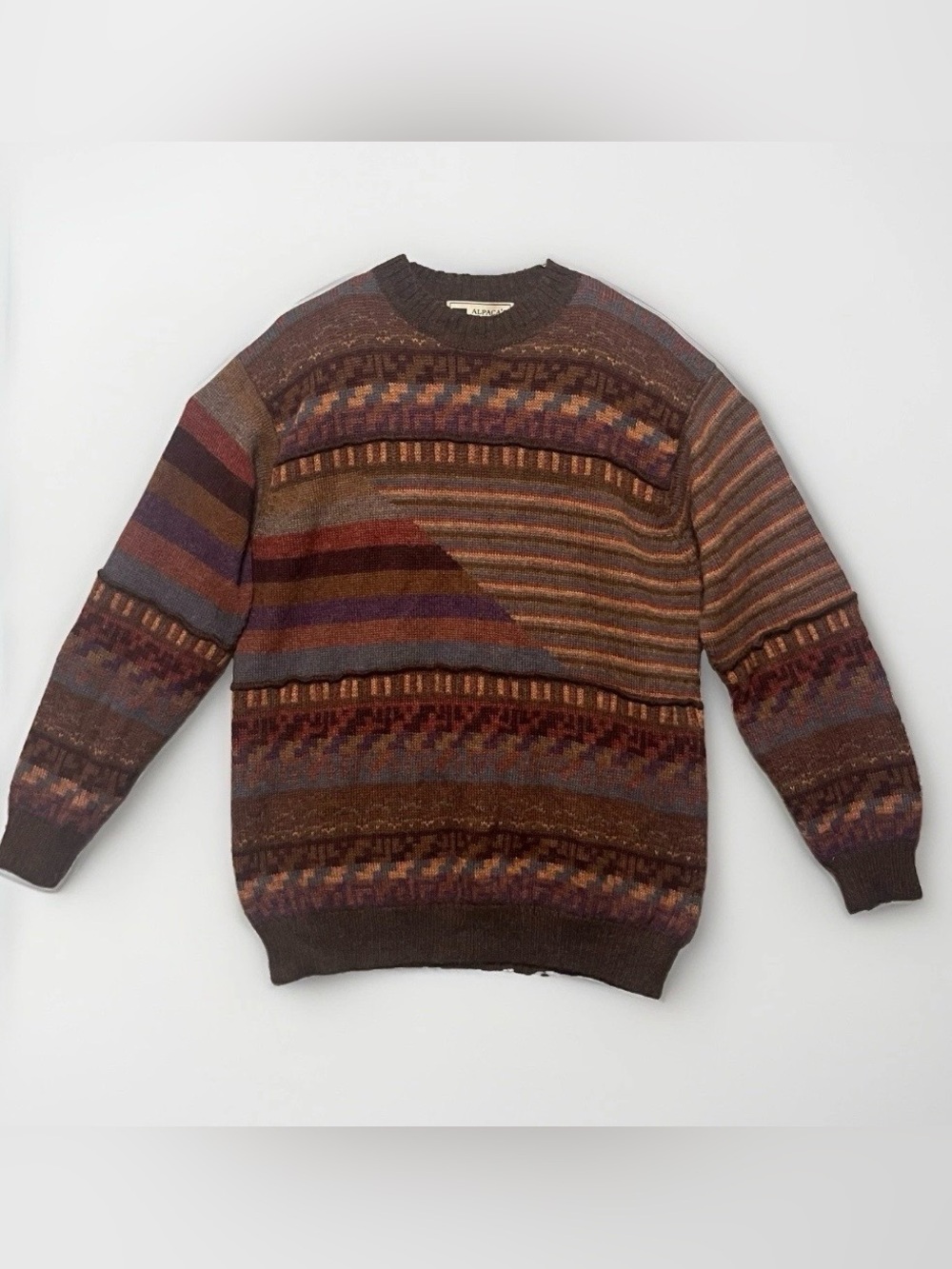 Alpaca Knit Sweater Mens L Coogi Style Grandpa Earth Tone Vintage Peru Pulloverl
